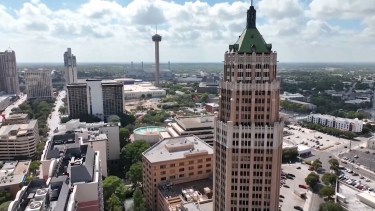 Aerial view of downtown San Antonio with the Henry B. González Convention Center and Alamodome visible